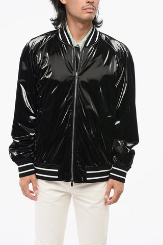 Solid-Color Bomber With Shiny Finish And Striped Ribbing