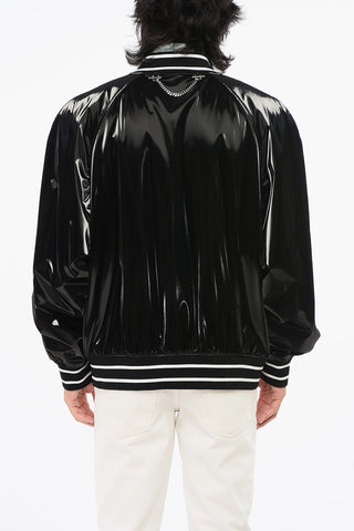 Solid-Color Bomber With Shiny Finish And Striped Ribbing