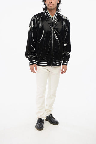 Solid-Color Bomber With Shiny Finish And Striped Ribbing
