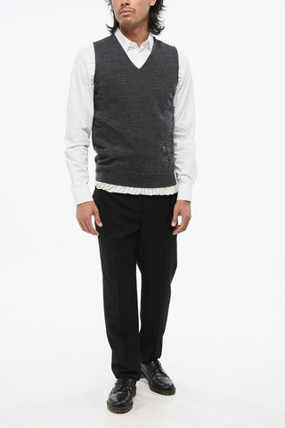 MM4 Wool Vintage-Effect Gilet with Striped Lining