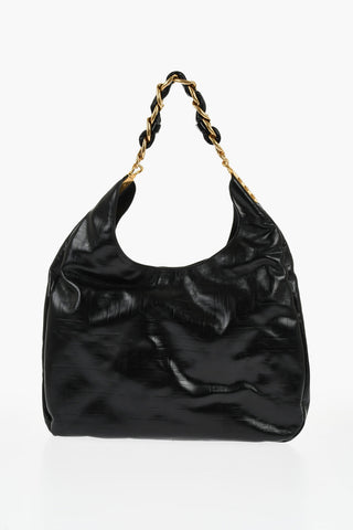 Leather CABAS Hobo Bag with Golden Effect and Embossed Logo