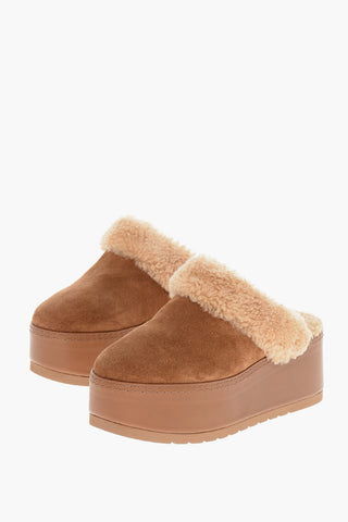 Suede TRIOMPHE Platform Mules with Shearling Detail