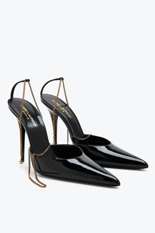 Patent Leather Mules with Logoed Chain 11cm