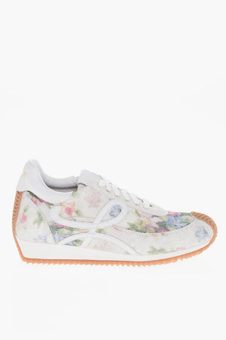 Lace-up Suede Sneakers with Floral Motif