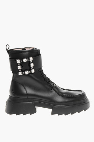 Stivaletti Allacciati in Pelle con Fibbia Gioiello