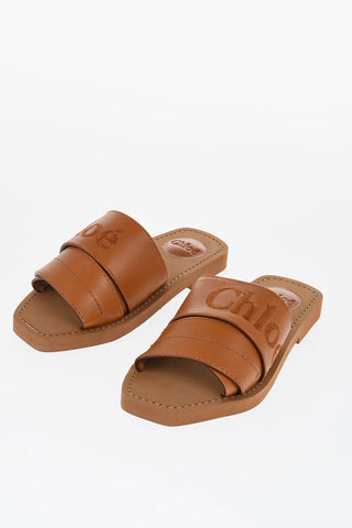 Leather Slides WOODY with Embroidered Logo