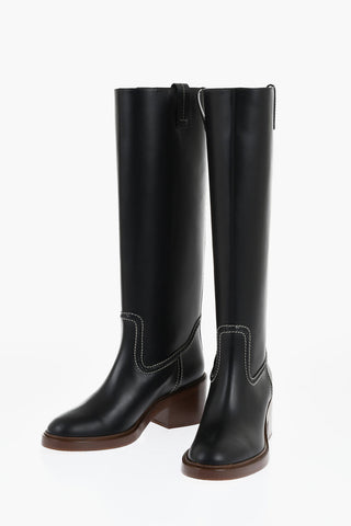 Leather EVENING Under the Knee Boots with Visible Stitchings 7cm