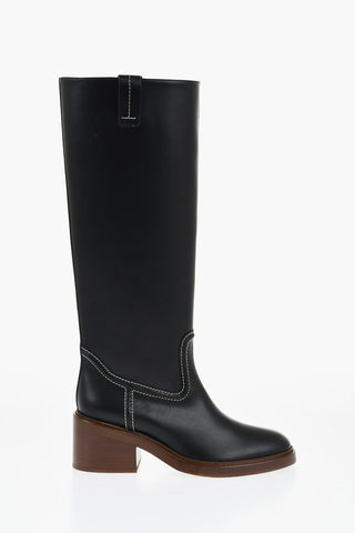 Leather EVENING Under the Knee Boots with Visible Stitchings 7cm