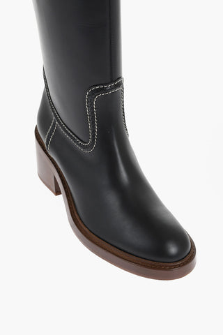 Leather EVENING Under the Knee Boots with Visible Stitchings 7cm