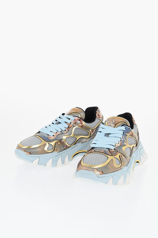 Mesh and Leather B-EAST Low-Top Sneakers with Trompe l'oeil Print