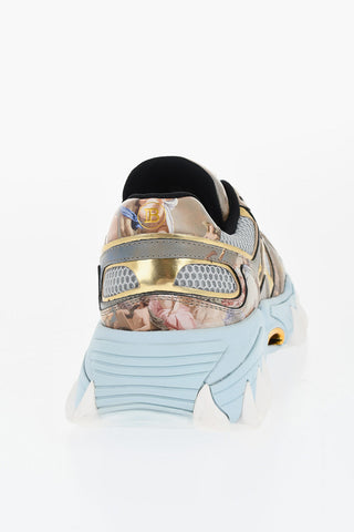 Mesh and Leather B-EAST Low-Top Sneakers with Trompe l'oeil Print