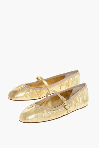 Metallic Leather Mary Jane Ballet Flats with Logoed Buckle