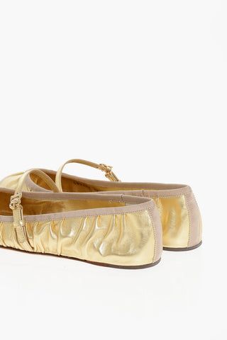 Metallic Leather Mary Jane Ballet Flats with Logoed Buckle