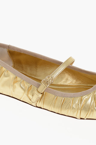 Metallic Leather Mary Jane Ballet Flats with Logoed Buckle