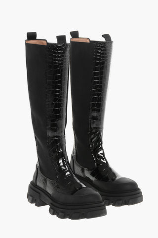 Crocodile Effect Faux Leather Knee Chelsea Boots with Side Elastic Inserts and Chunky Sole 5cm
