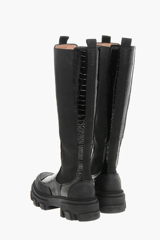 Crocodile Effect Faux Leather Knee Chelsea Boots with Side Elastic Inserts and Chunky Sole 5cm