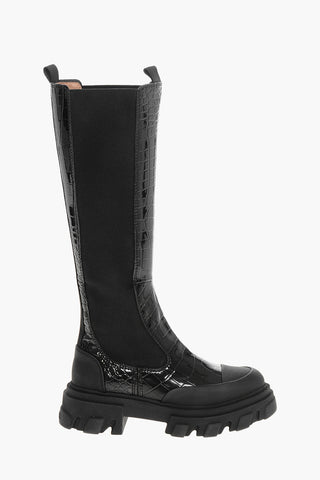 Crocodile Effect Faux Leather Knee Chelsea Boots with Side Elastic Inserts and Chunky Sole 5cm
