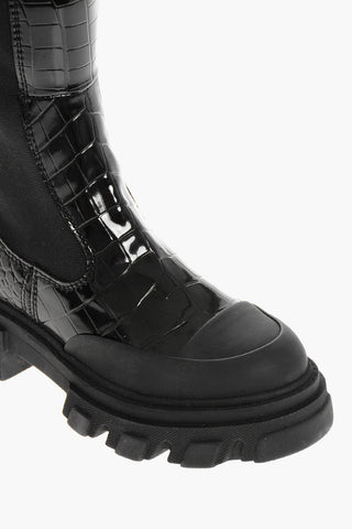 Crocodile Effect Faux Leather Knee Chelsea Boots with Side Elastic Inserts and Chunky Sole 5cm