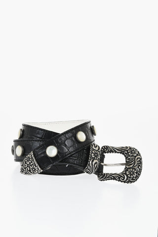 MM6 Embossed Leather Belt with Mother of Pearl Details 35mm