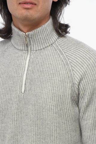 Maglia in Cashmere a Costine con Mezza Zip
