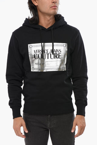 Felpa Hoodie in Cotone Felpato con Stampa Argentata sul Fronte