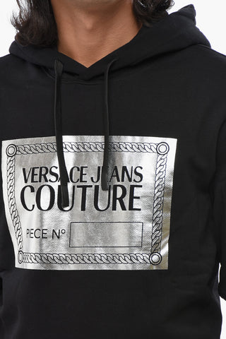 Felpa Hoodie in Cotone Felpato con Stampa Argentata sul Fronte