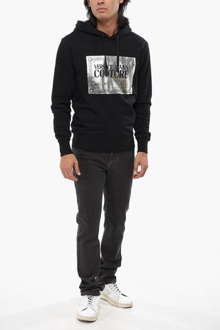 Felpa Hoodie in Cotone Felpato con Stampa Argentata sul Fronte