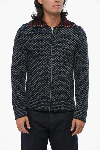 Virgin Wool Cardigan with Zip Closure and Studs on Collar