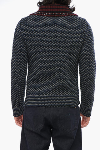 Virgin Wool Cardigan with Zip Closure and Studs on Collar