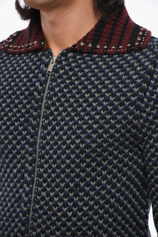 Virgin Wool Cardigan with Zip Closure and Studs on Collar