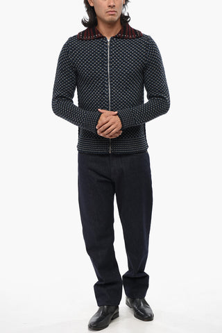 Virgin Wool Cardigan with Zip Closure and Studs on Collar