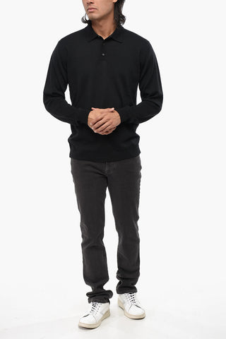Solid Color Merino Wool Sweater with Polo Neck