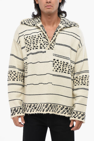 Cotton Blend Striped Jacquard Polo Neck Sweater