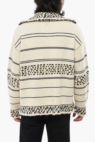 Cotton Blend Striped Jacquard Polo Neck Sweater