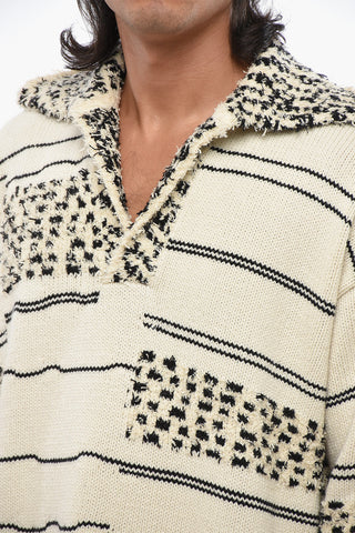 Cotton Blend Striped Jacquard Polo Neck Sweater