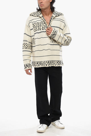 Cotton Blend Striped Jacquard Polo Neck Sweater