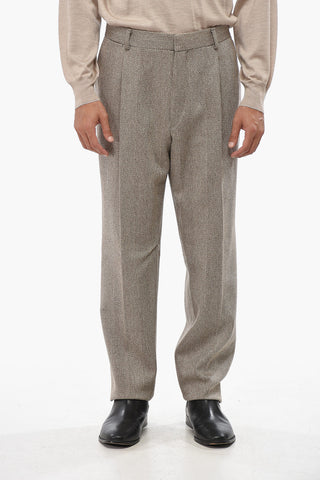 Herringbone Motif Single-Pleated Virgin Wool Pants