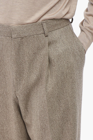 Herringbone Motif Single-Pleated Virgin Wool Pants