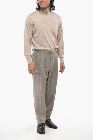 Herringbone Motif Single-Pleated Virgin Wool Pants