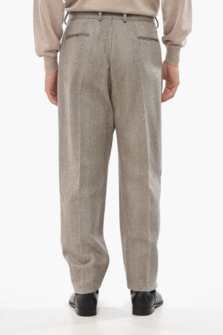 Herringbone Motif Single-Pleated Virgin Wool Pants