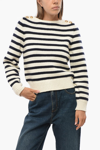 Maglia Girocollo a Righe con Bottoni Effetto Dorato