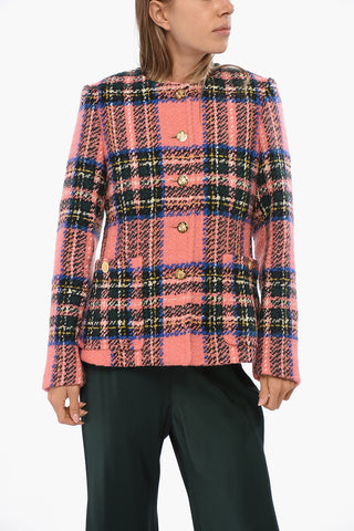 Stretch Wool Checked Jacket With Gold-Effect Buttons