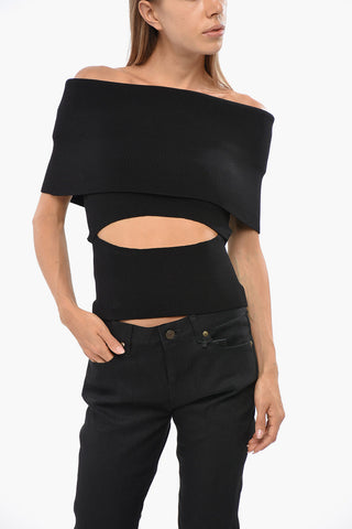 Solid Color Ribbed Off-Shoulder Top with Cut-Out Detail
