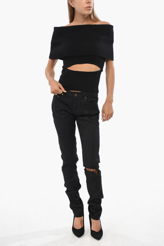 Solid Color Ribbed Off-Shoulder Top with Cut-Out Detail