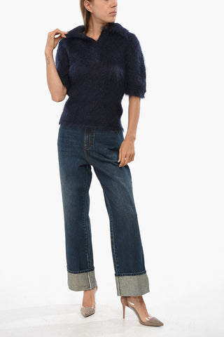 Einfarbiger Flauschpullover mit Polokragen
