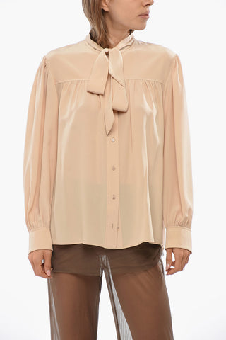 Blusa Tie Neck in Seta con Maniche Puff