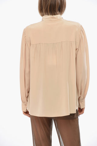 Blusa Tie Neck in Seta con Maniche Puff