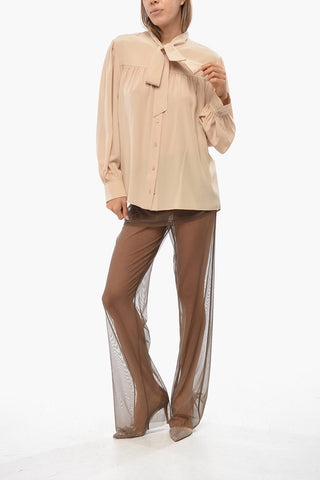 Blusa Tie Neck in Seta con Maniche Puff