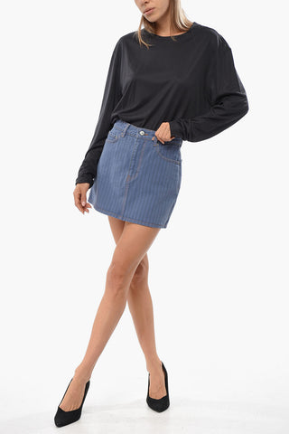 Striped Denim Miniskirt with Exposed Seams