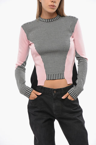 Houndstooth Motif Wool Crew-neck Sweater